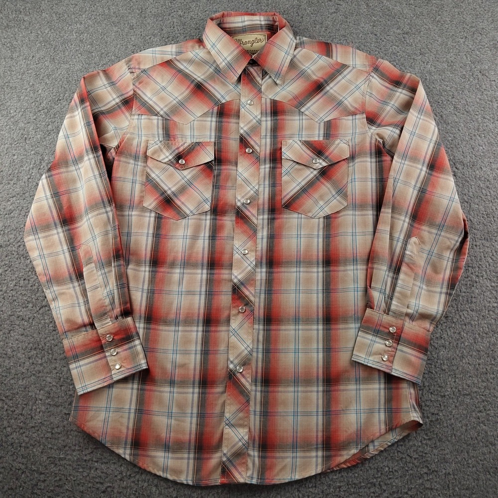 Wrangler Pearl Snap Shirt Mens Medium Western Plaid Red Rodeo Lightweight EUC